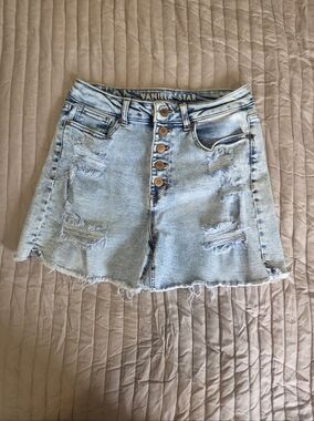 Vanilla Star High Rise Midi Distressed Button Fly Denim Shorts Denim Shorts (P57